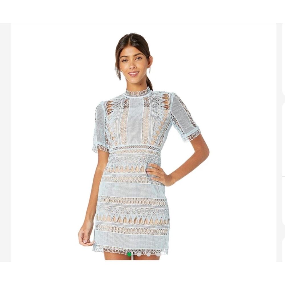Bardot Brenda Open Lace sheath lined mini dress baby blue size 6 Small